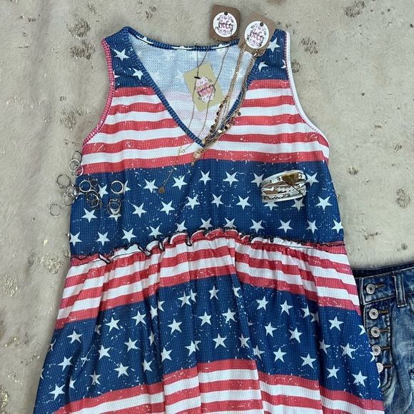 Stars and Stripes Waffle Knit Sleeveless Peplum Top V-neck 💗 - Picture 3 of 7